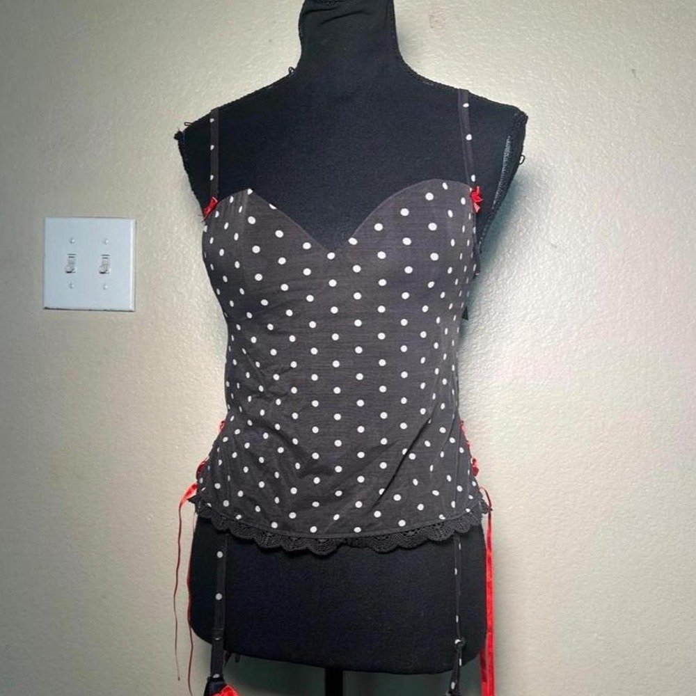 Victoria Secret Polka Dot Bustier Top Black Red Lace Garter Y2K Vintage Medium